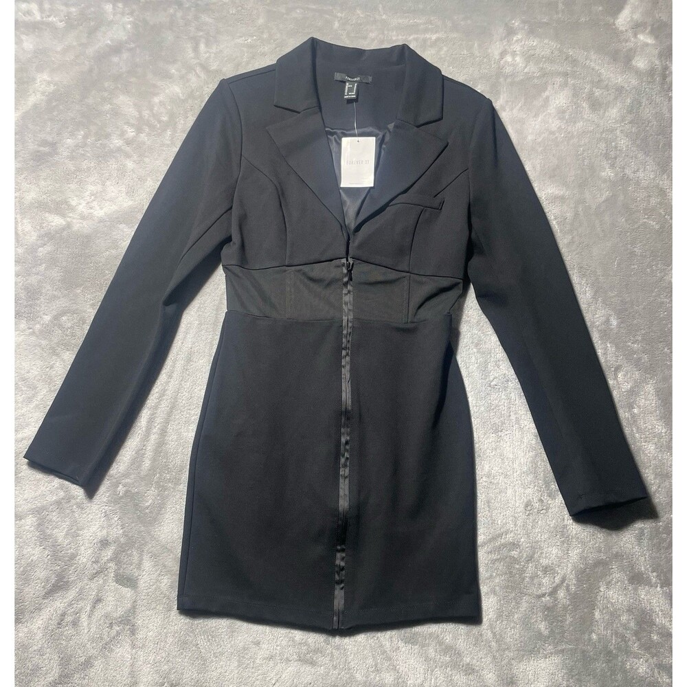 Forever 21 Knee Length Dress Mesh Waist Front Zipper Long Sleeve Black Medium